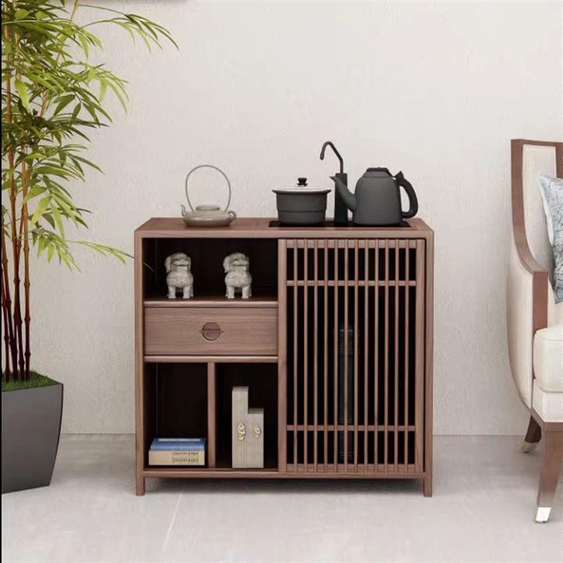新中式茶水柜客厅茶水台黑胡桃木办公茶边柜O实木边几老榆木烧水
