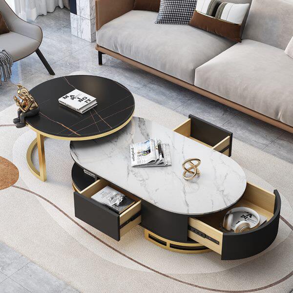 轻奢岩板茶几电视柜组合现代椭圆形茶几桌客厅家用圆形茶几小户型