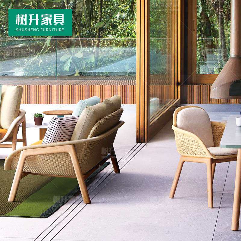 户外藤编沙发阳光房休闲庭院藤椅露天花园柚木藤室外三人组合家具