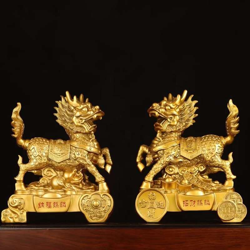 一对鎏金铜色招财麒麟仿铜财富麒麟办公室客厅家居装饰工艺品摆件