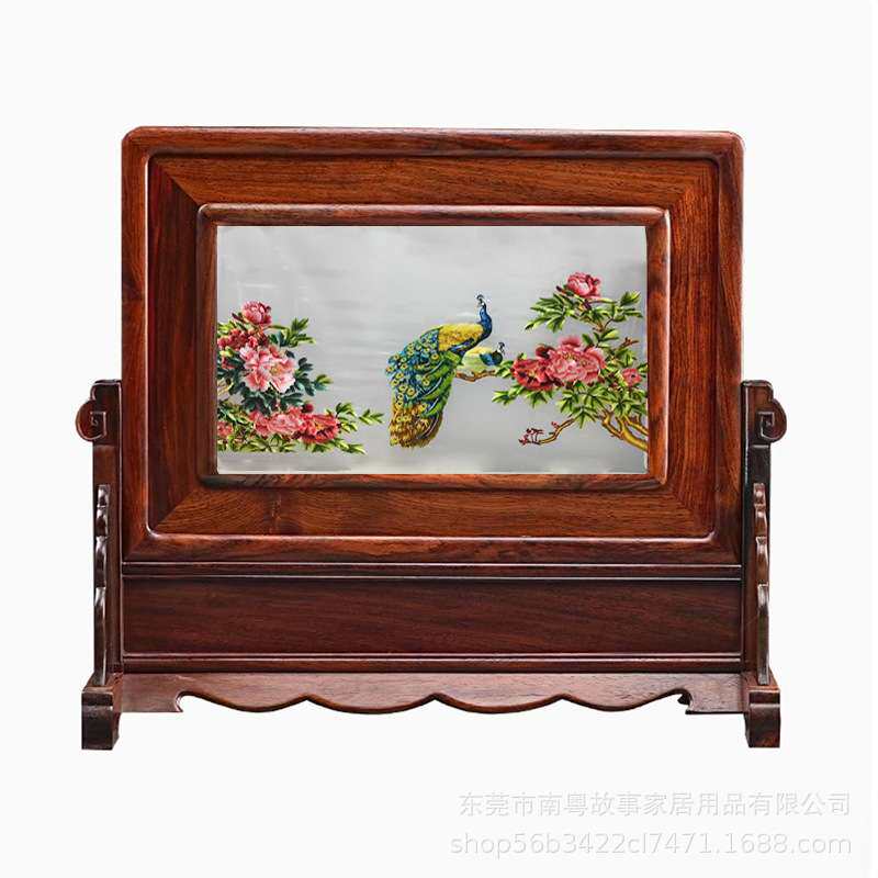 新中式双面刺绣屏风孔雀牡丹苏绣座屏花鸟双面苏绣隔断双面绣隔断