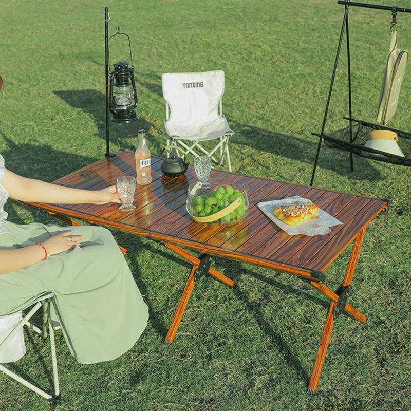 野餐折叠桌全铝烧烤户外铝合金木纹蛋卷桌露营装S备便携式桌子桌