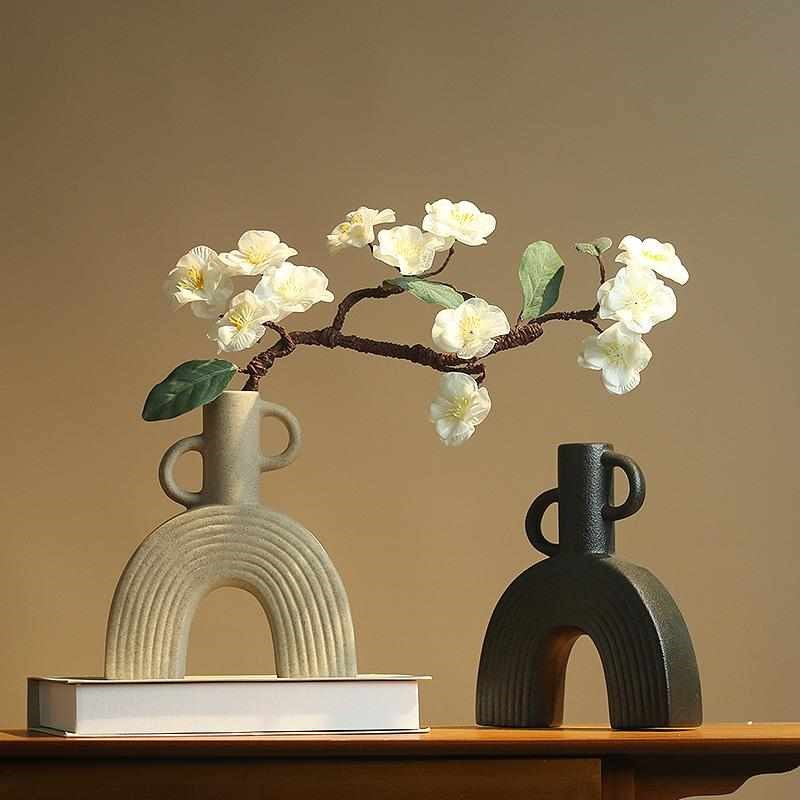 简约现代陶瓷扁花j瓶客厅电视柜酒柜摆件家居装饰品侘寂风艺术花
