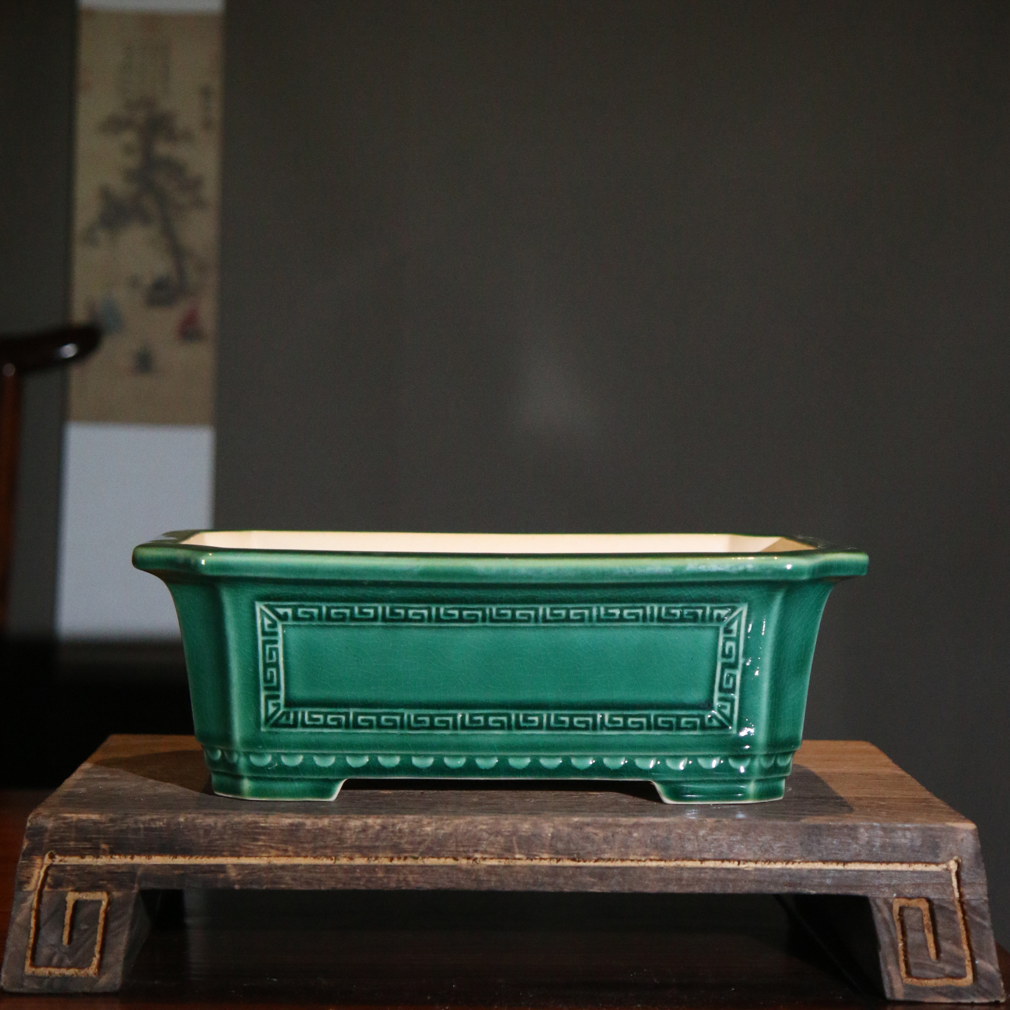 紫砂花盆陶瓷盆景l盆中国风彩釉盆长方形奎面马槽盆开窗觅陶乡