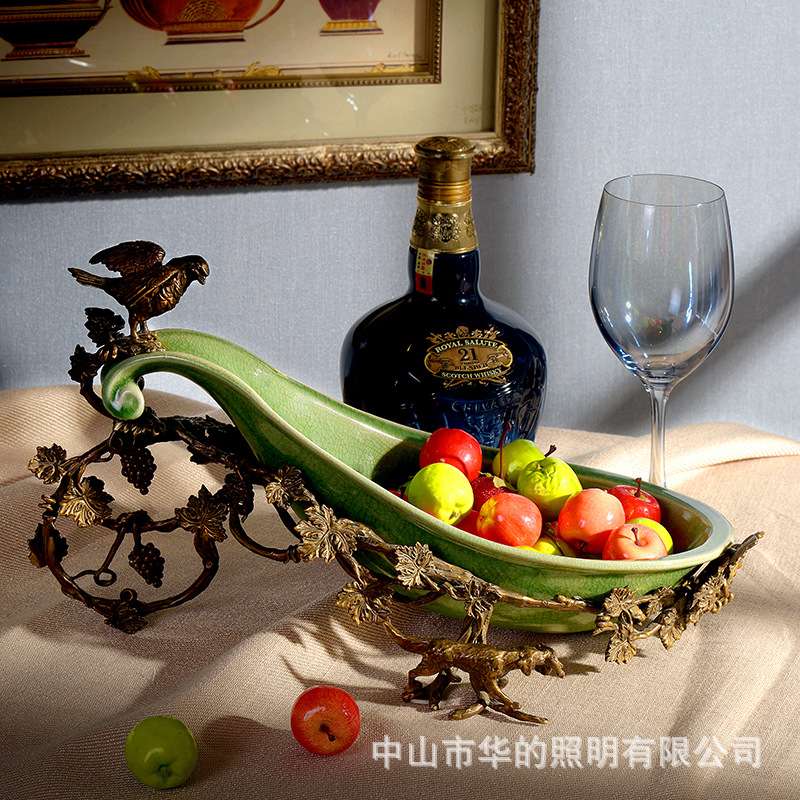 欧式勺子造型陶瓷水果盘美式镶铜茶几摆件客厅餐桌创意家居果盘