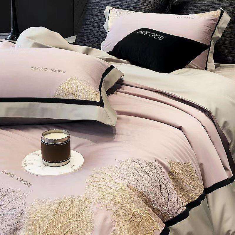 奢华高端长绒棉棉全棉简约匹马棉双色拼接刺绣被套四件套床品4