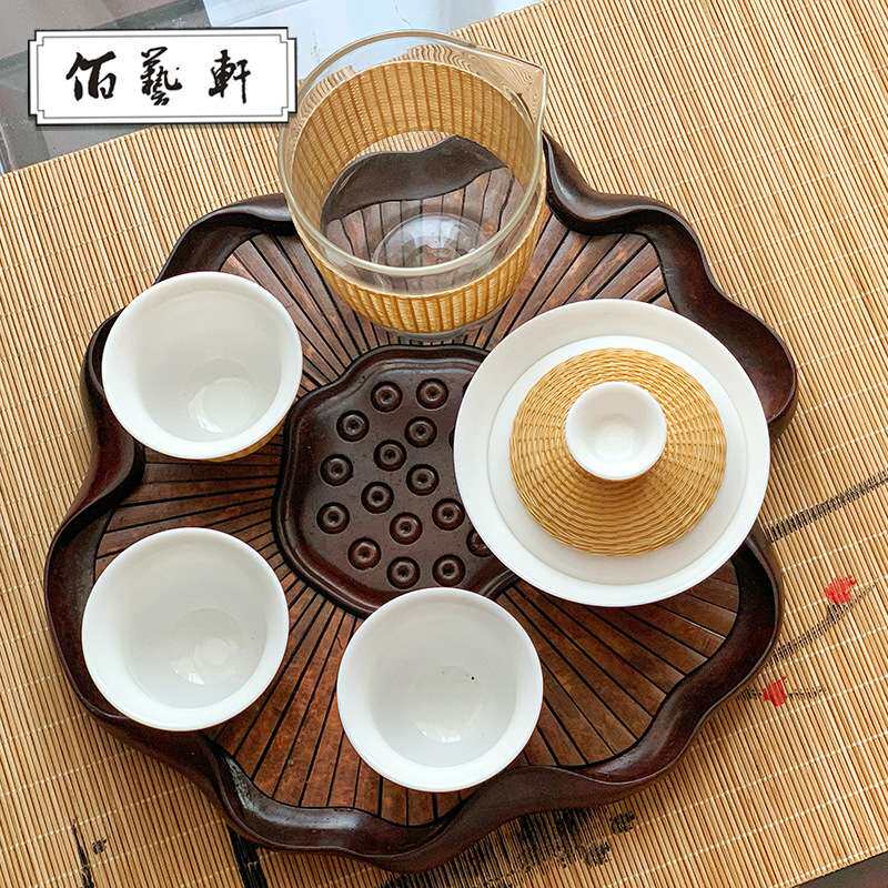 佰艺轩东阳竹编竹丝扣瓷盖碗瓷胎竹编旅行茶具套组重竹荷叶茶盘