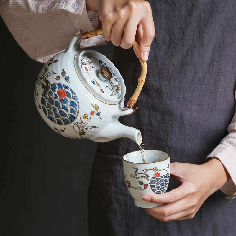 大容量泡茶壶手绘耐高温陶瓷花茶茶具鹤鸣凉水壶杯子套装简约风格