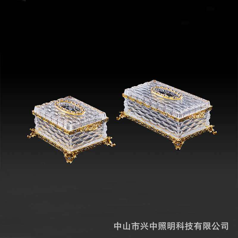 欧式透明水晶玻璃配铜纸巾盒奢华高档客厅餐厅创意家用抽纸盒摆件
