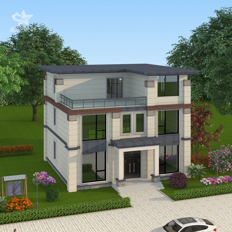 别墅设计两层半农村自建房带新中式露台洋楼三层施工图纸小效果图