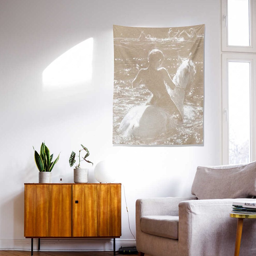 艺术画墙面装饰挂布布少年马背景布小众白 氛围感 高级感打造房间图片