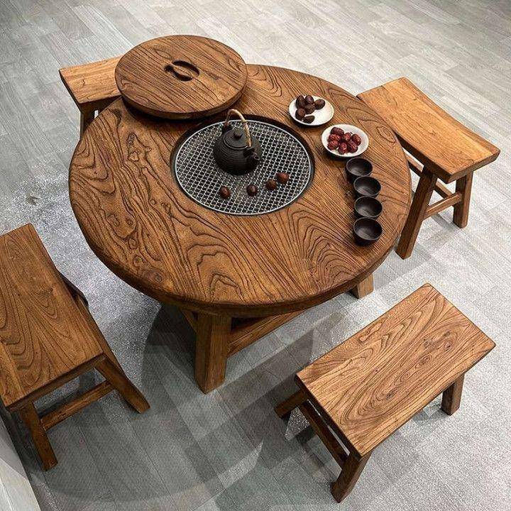 老榆木高档围炉煮茶冰茶全套桌子阳台庭院圆形实木茶桌烧烤火锅桌