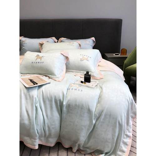 简约款60奢华莱赛尔天丝高端银线提花绣花拼边工艺卧室床笠四件套