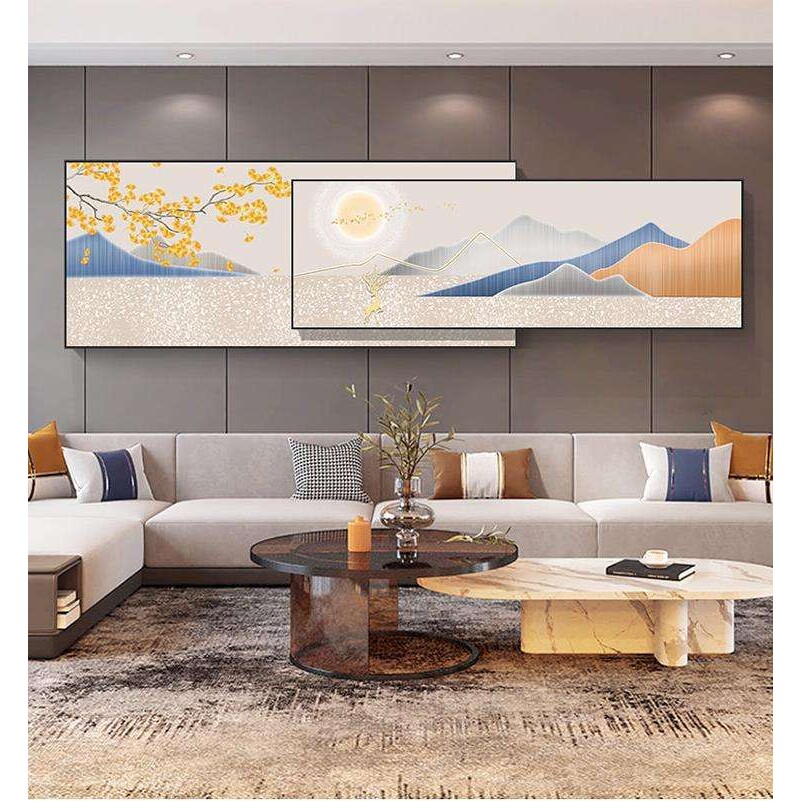 新中式轻奢大气客厅叠加双层画风景山水抽象卧室床头组合装饰画