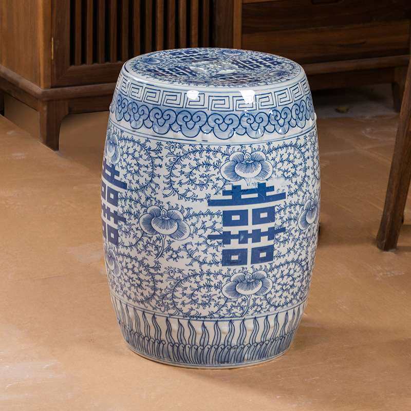 景德镇仿古青花瓷手绘喜字陶瓷摆件中式古典家居软装客厅陶瓷鼓凳