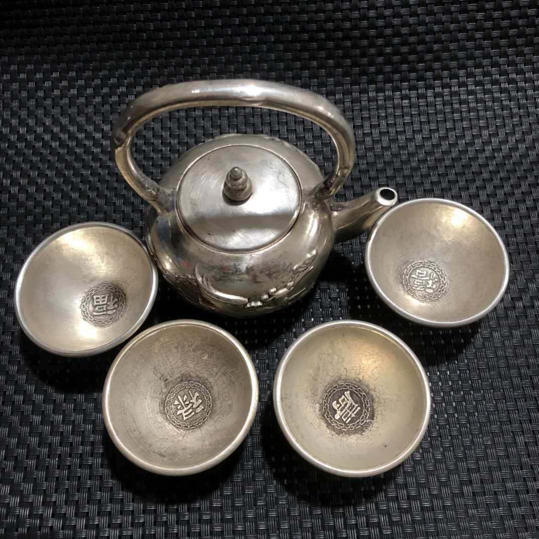 古玩杂件 怀旧古玩老白铜镀银造茶杯茶壶一套