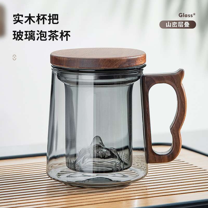 忆壶茶现货 三件套杯过滤办公室创意泡茶杯竹盖观山玻璃茶杯水