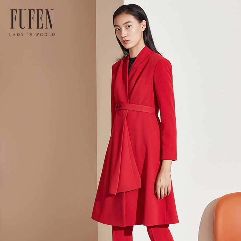 风衣23福新款中长款e春秋修身显瘦13红色外套芬fv领女季9nFY-fu