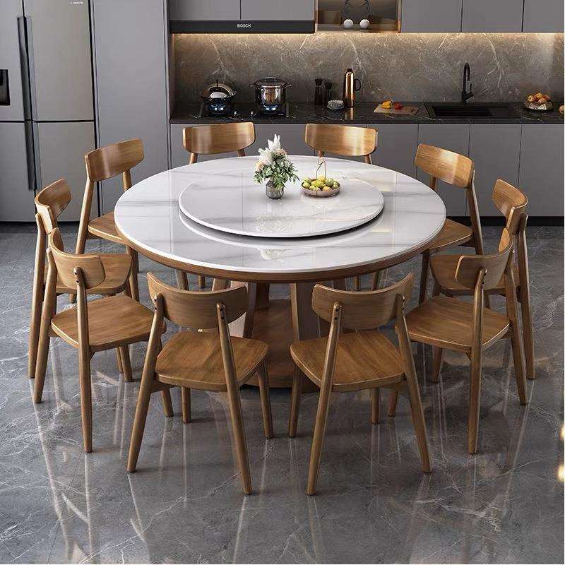 全实木餐桌椅组合新中式岩板大圆桌家用带转盘10人圆形岩板圆桌