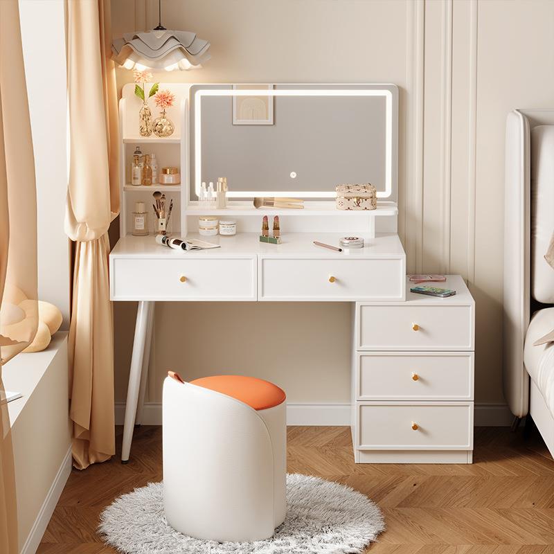 法式奶油风梳妆台卧室简约现代家用小户型化妆桌斗柜一体带LDE灯