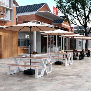 户外桌椅带伞组合市政休闲外摆长桌长凳奶茶店咖啡厅连体桌椅套装