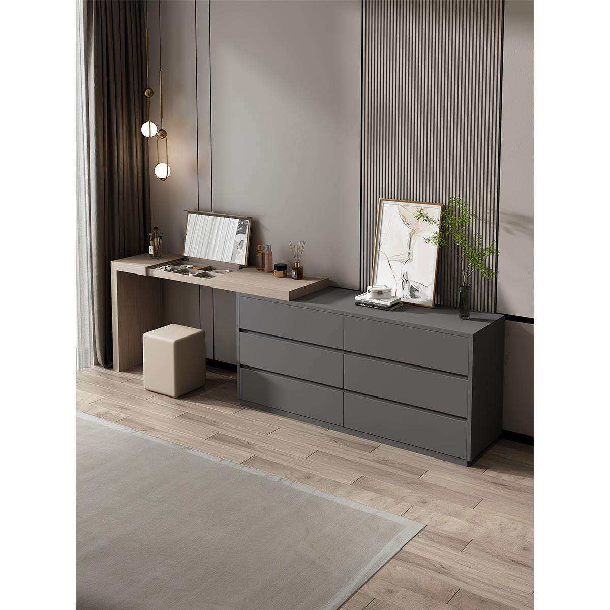 暖风现代简约卧室梳妆台收纳柜组合一体翻盖镜多功能化妆桌书桌