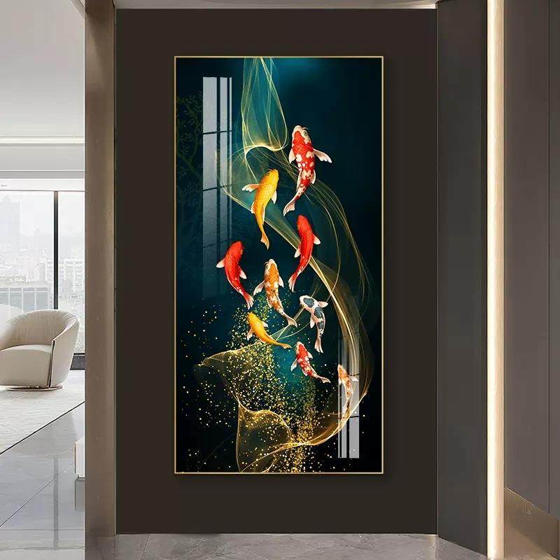 入户玄关装饰画现代轻奢走廊过道画简约大气挂画九鱼聚财竖版壁画