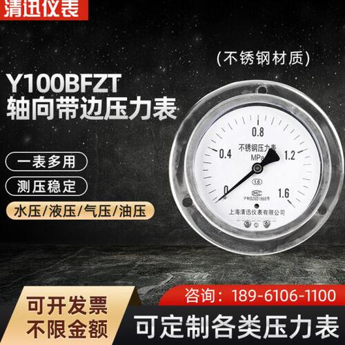 不锈钢压力表Y100BFZT轴向带边面板式固定安装耐温型防腐蚀1.6MPA