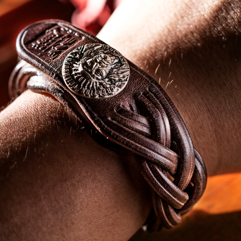 伏尔甘woodoo印第安酋长牛皮手工编织J纯银个性复古嘻哈机车潮手