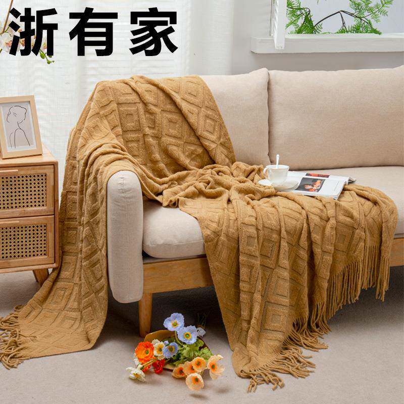 39001毛圈菱形休闲毯四季针织线毯民宿床位搭毯酒店床毯几何毯子