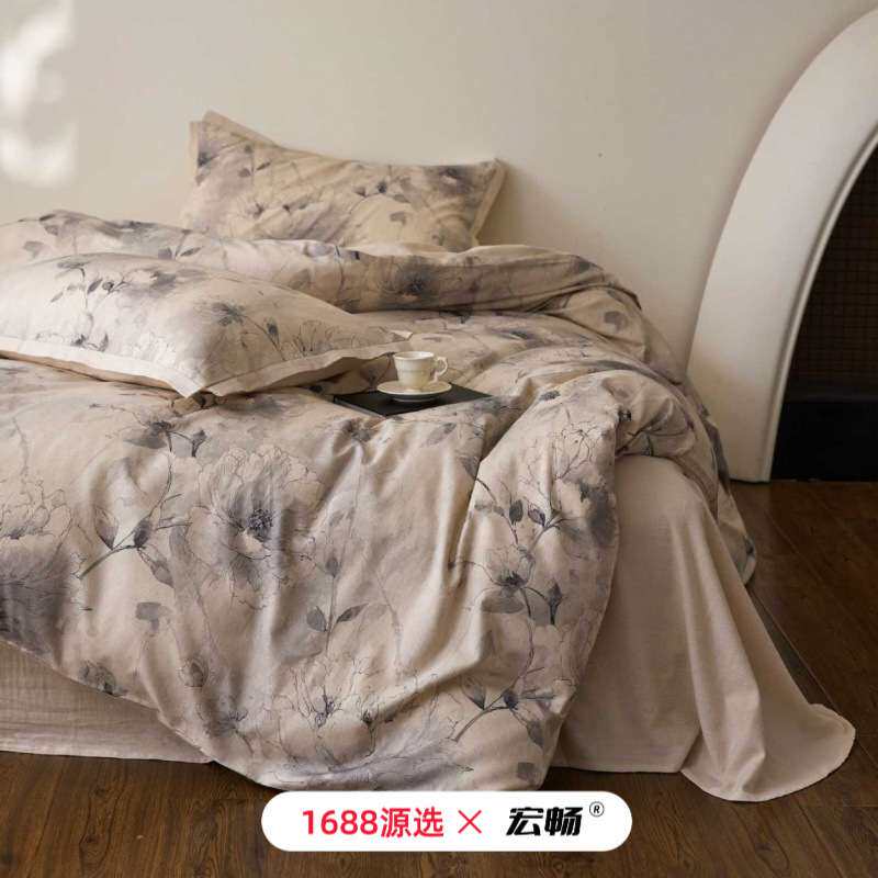 100支中式复古风棉麻四件套花卉数码印花亚麻被套超柔裸睡床品