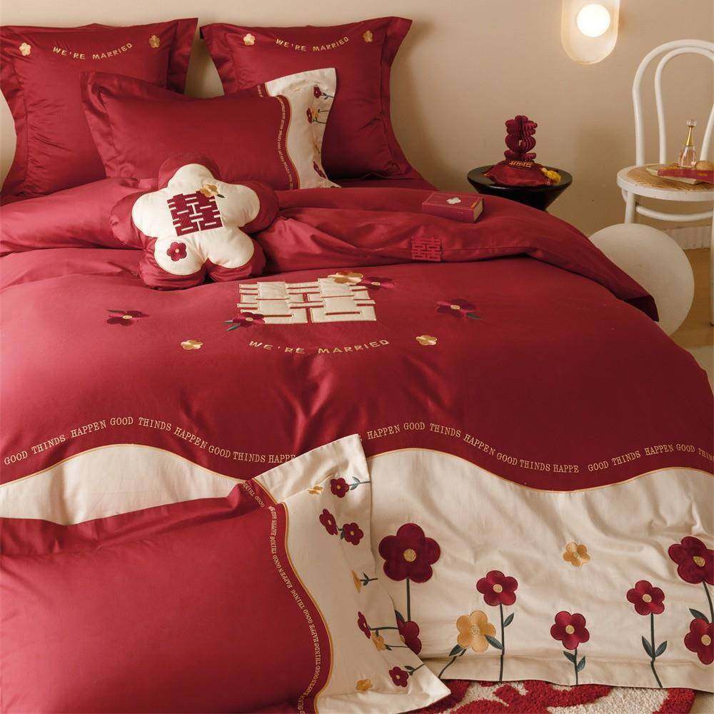 轻奢纯棉结婚喜庆床品四件套全棉红色喜庆刺绣结婚床单被套
