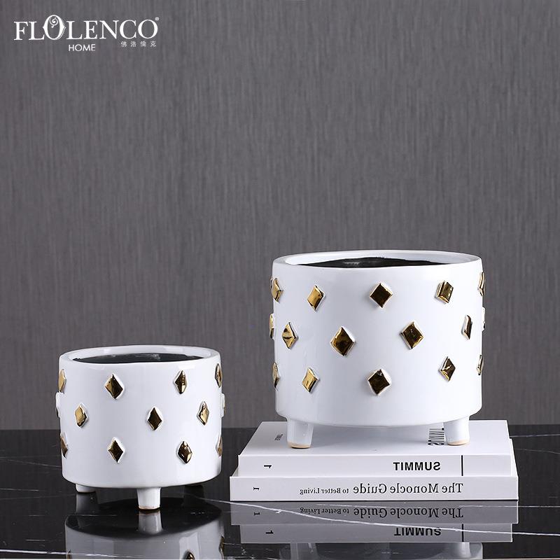 创意现代简约陶瓷电镀方金盆花瓶时尚客厅样板房家居软装饰品摆件