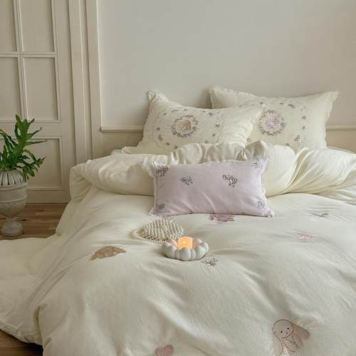 糯糯奶泡~柔软皱皱纱刺绣四件套全棉纯棉床单被套少女心床上用品