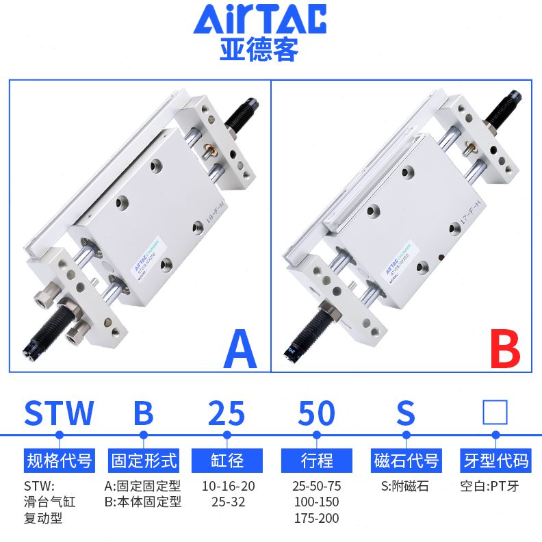 轴X1亚德客双STST16双杆5X7250BSTX1050W/A5025XSX1W*滑台气缸W