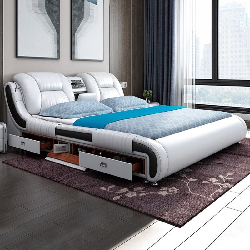 真皮床现代简约主卧双人床1v.8m实木真皮床智能多功能储物结婚软