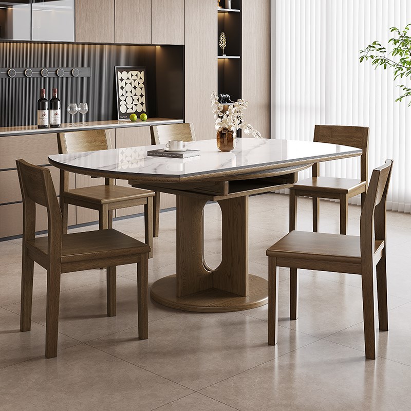 中古风可伸缩实木岩板餐桌椅现代简约家用大小R户型方圆两用饭桌