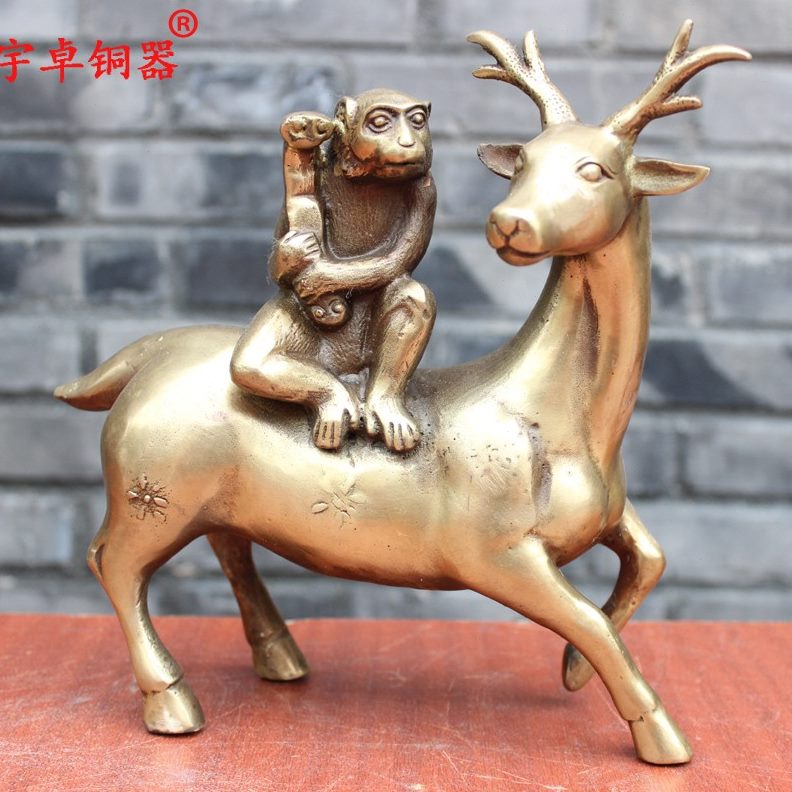 鹿纯铜铜 铜猴一宇卓路封侯 鹿梅花鹿黄铜工艺品摆件器封侯 一