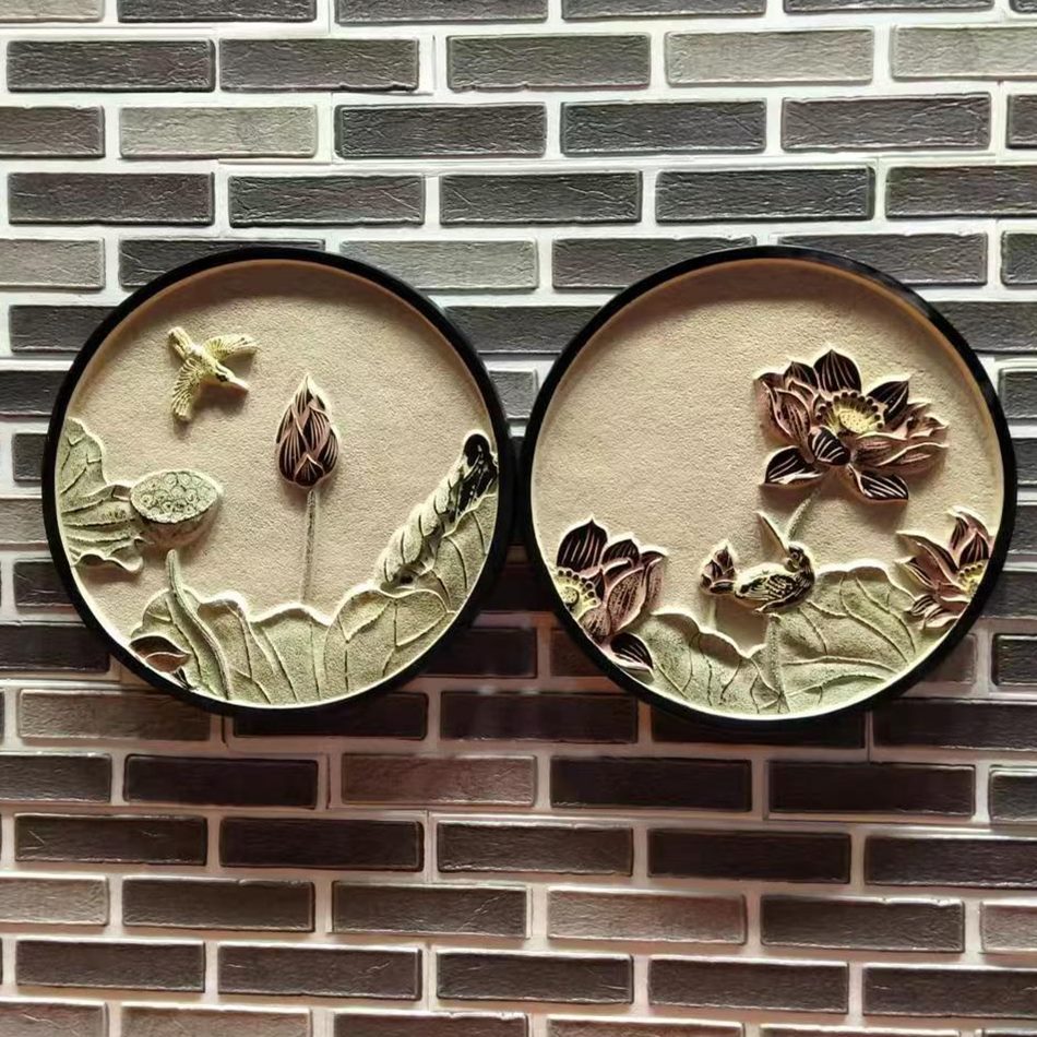 浮雕装饰画立体背景墙挂件酒店荷花组合玄关客厅中国风壁饰浅茶室图片
