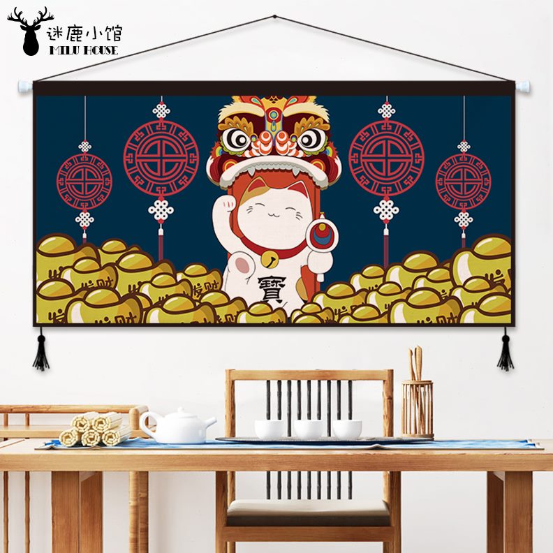 横版招财猫挂毯日式客厅沙发背景布布艺墙布墙壁装饰布画床头挂画图片