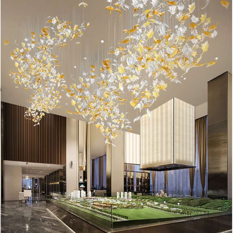loft公寓琉璃枫叶吊灯客厅灯挑空复式楼梯大别墅酒店大堂水晶灯具