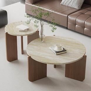 侘寂风实木洞石茶几极简小茶台小户型客厅家用圆形阳台大理石矮桌
