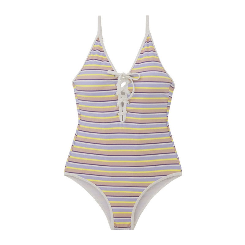 源头工厂韩版条纹绑带性感系绳露背简约复古连体泳衣女跨境货源