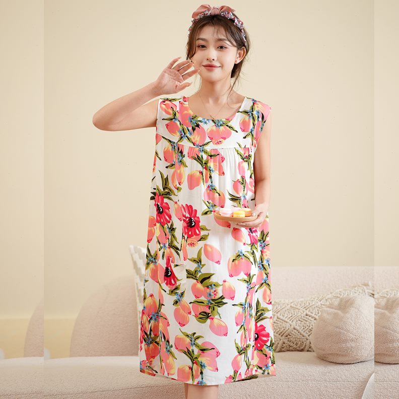 绵绸睡裙孕妇裙中老年加大码睡裙女夏纯棉妈妈睡衣家居服人造棉绸