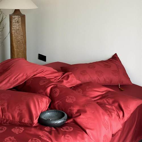 玫瑰提花纯棉贡缎高档婚庆长绒棉四件套全棉新婚大红色六件套