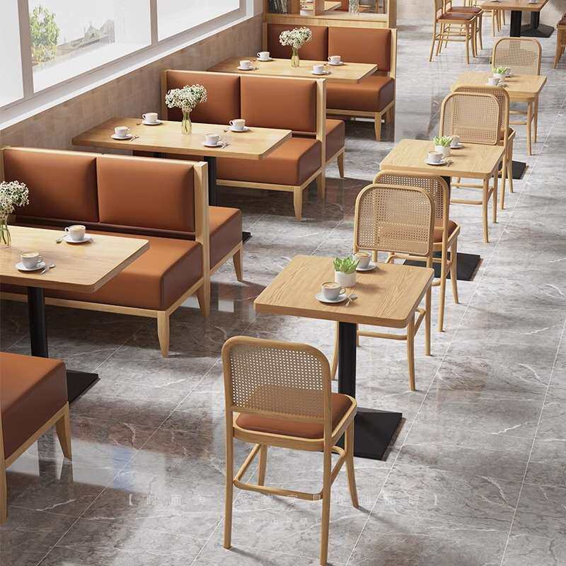 咖啡厅奶茶店靠墙卡座沙发西餐厅休闲藤椅汉堡火锅店桌椅组合圆桌