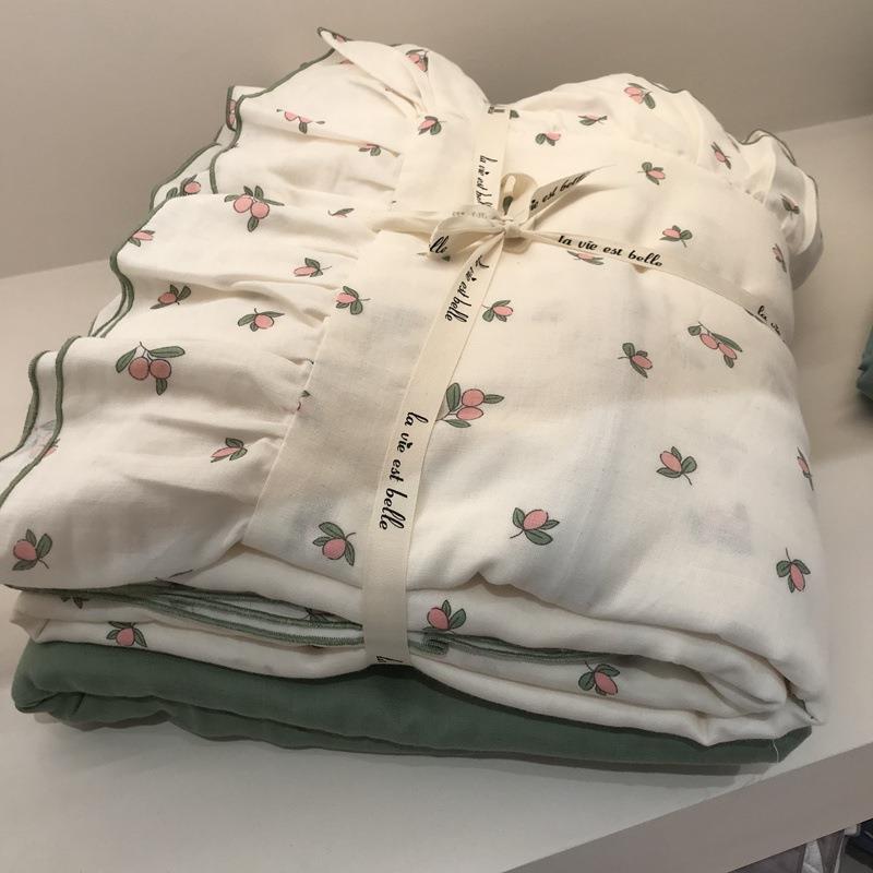 韩式荷叶花边全棉双层纱布四件套少女心被套裸睡透气纯棉床上用品