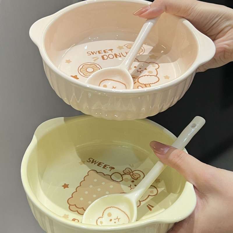 奶油熊.英寸双耳陶瓷面碗沙拉碗釉下彩学生可爱家用高颜值大号
