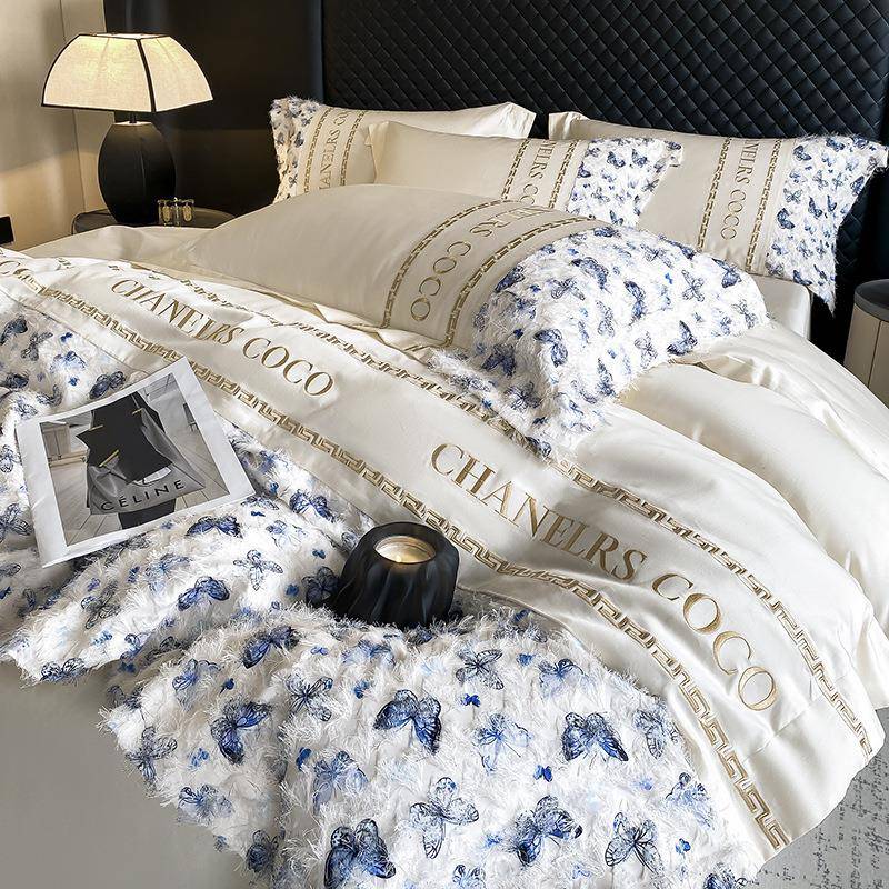 高级法式拼接绣花长绒棉四件套复古风全棉床单被套工艺款床上用品