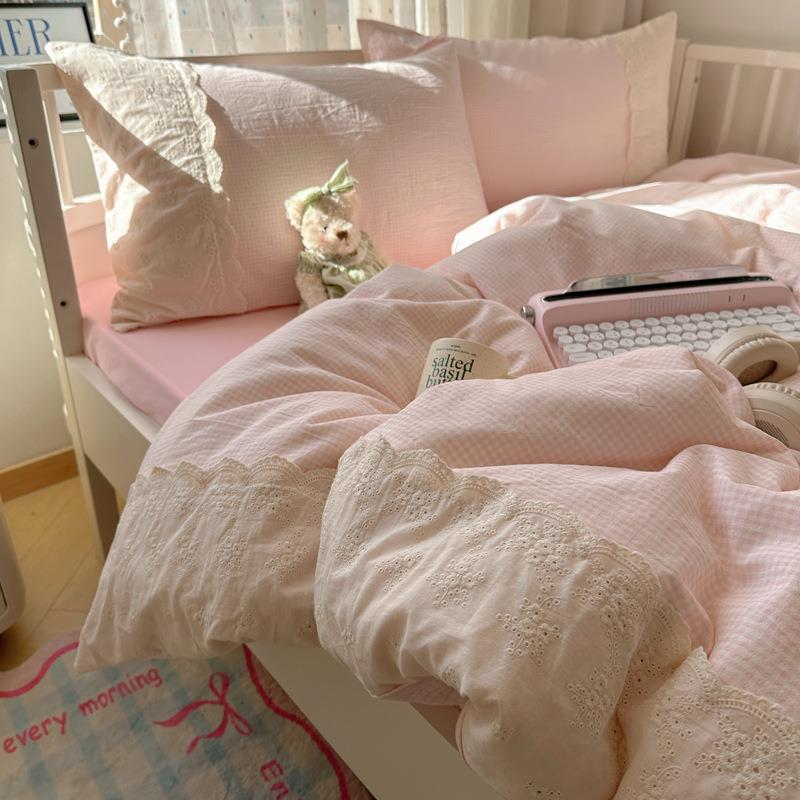 A类法式小清新皱皱纱花边蕾丝水洗棉床上三四件套宿舍床笠三件套